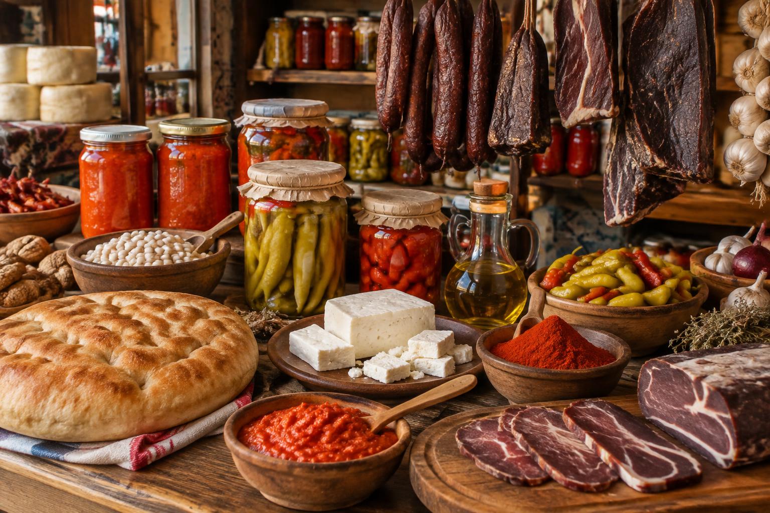 Balkan-Feinkost mit Ajvar, eingelegtem Gemüse, Käse und Fleischspezialitäten