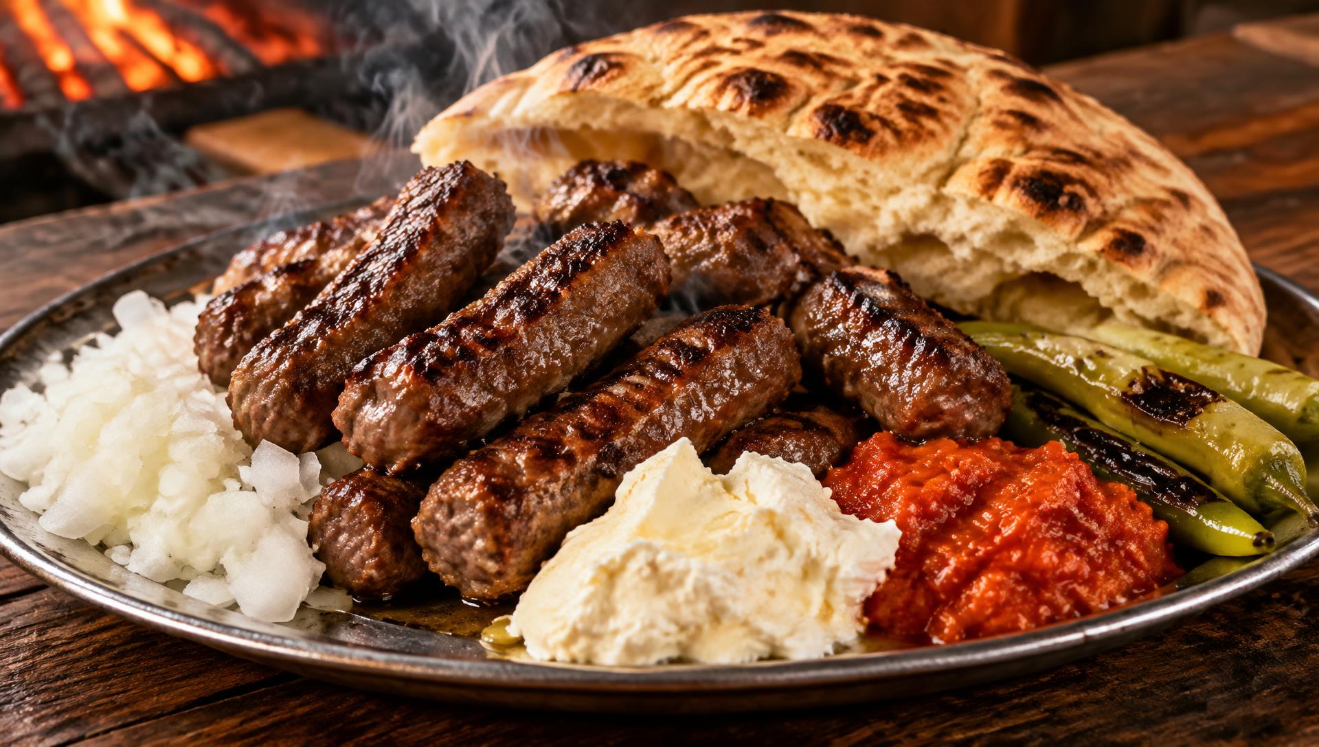 Frisch gegrillte Ćevapi mit warmem Somun, Zwiebeln, Kajmak, Ajvar und Paprika