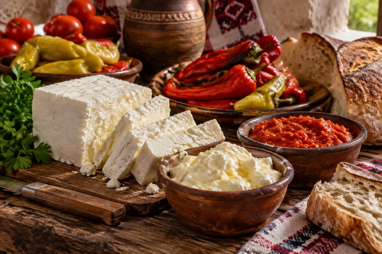 Balkan-Käse, Kajmak, Ajvar und eingelegte Paprika