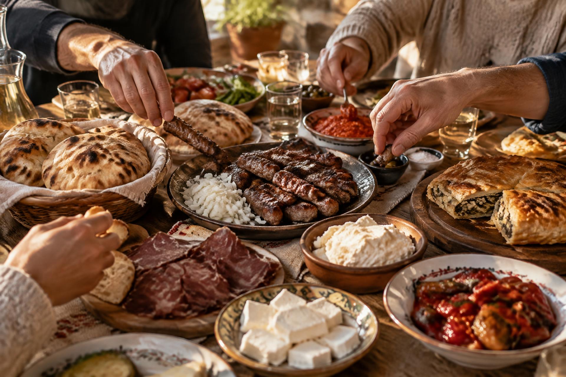 Menschen teilen gemeinsam Ćevapi, Somun, Burek, Käse und Ajvar